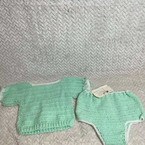 Vintage Handmade Light Green Knitted 2 piece Infant Outfit OS OOAK - Picture 3 of 10